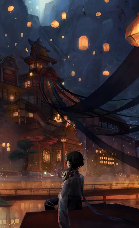 魈壁纸，孔明灯，原神人物魈高清古风手机壁纸图片