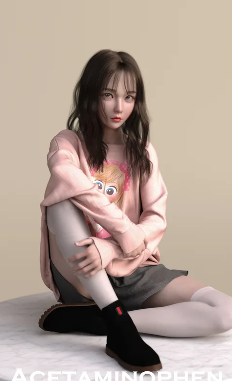 手绘坐在地毯上的长发女生