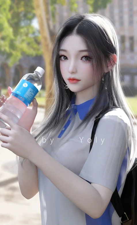 学生装和矿泉水的动漫女学生