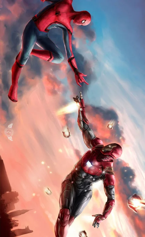 复仇者联盟创意插画空中握手的钢铁侠和荷兰弟版蜘蛛侠