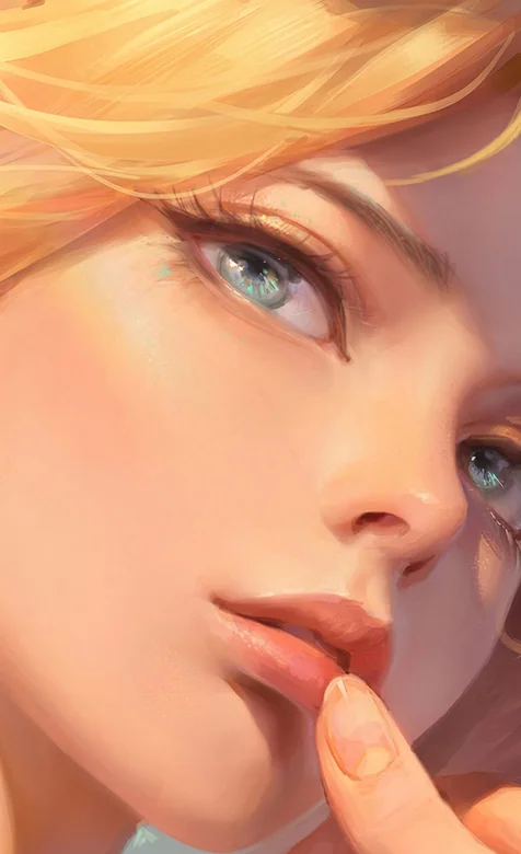 酷酷的手摸嘴唇的黄发少女手绘壁纸图片