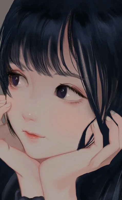 高清手绘双手托腮的可爱长发动漫美少女