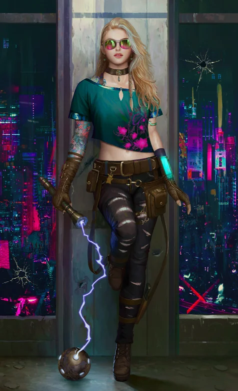 长卷发、酷酷的墨镜、手拿闪电流星锤的朋克风酷女孩超清壁纸