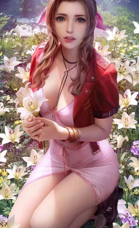 性感动漫美女百合花丛中蹲姿插画壁纸图片