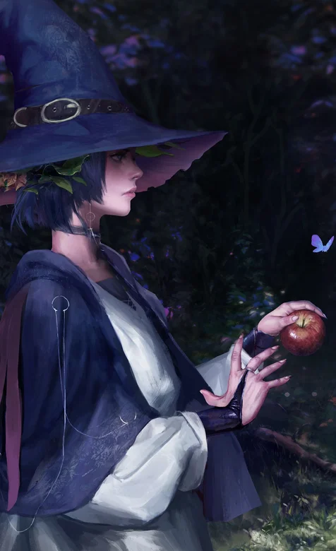 蝴蝶围绕、头发魔法帽、手拿苹果的少女魔法师