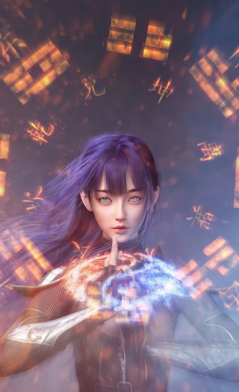 飘逸的蓝发女术士、释放八卦法术创意插画手机壁纸