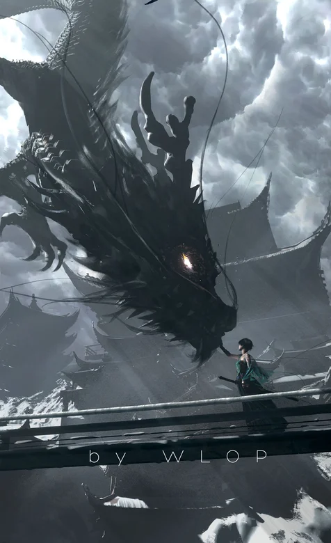 水墨风短发少女侠客与龙、出自wlop的玄幻插画手机壁纸
