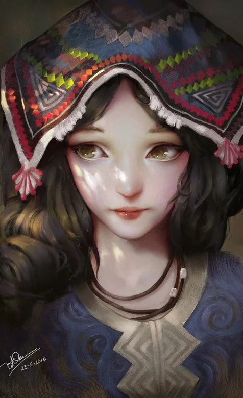 身着传统民族服饰的亚洲女孩插画手机壁纸