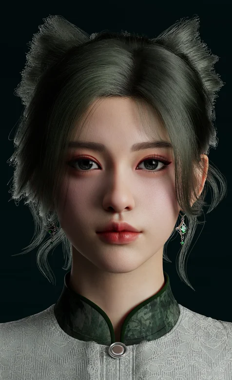 超真实人像插画、黑发戴蝴蝶结的亚洲美女头像壁纸