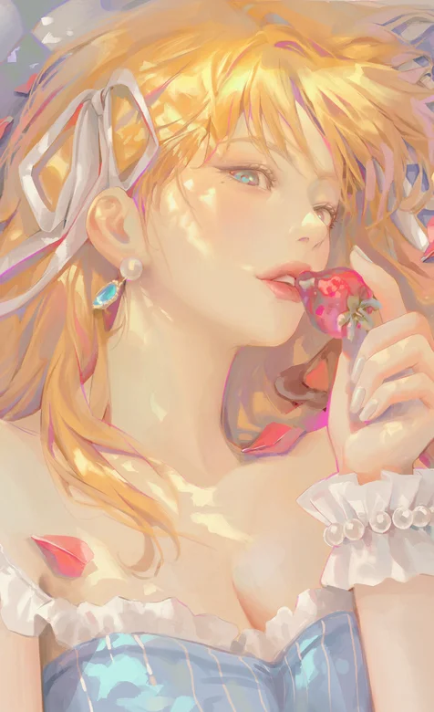 草莓花瓣素描风格的动漫少女手机壁纸