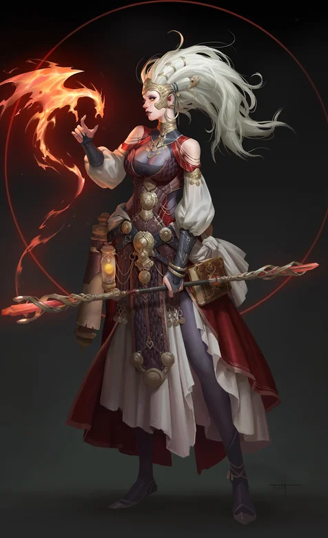 火龙宠物白发穿铠甲的古装女战士插画手机壁纸