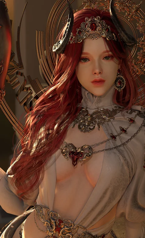 红色长发手拿权杖头上有角的美女战士