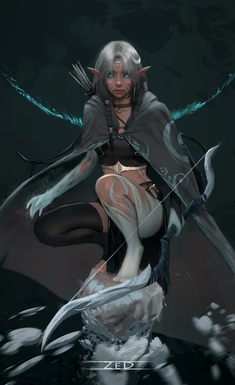 帅气穿着披风的女精灵手拿弓箭的手绘插画壁纸