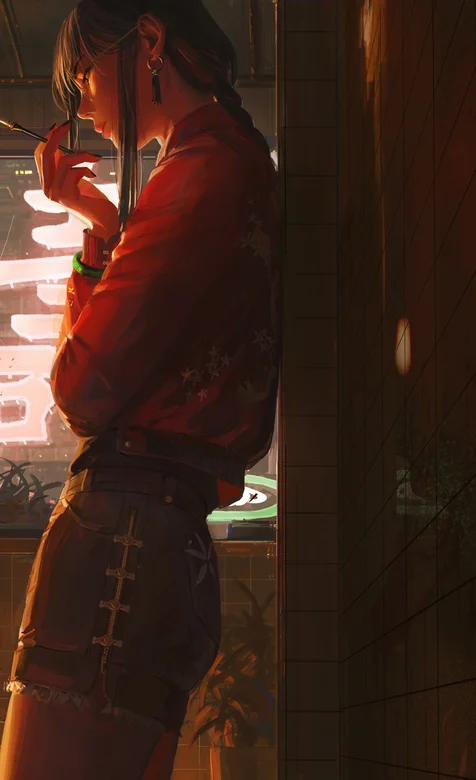 阳台上背靠墙手拿烟斗的女生手绘壁纸