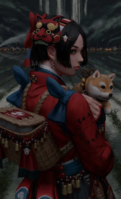 穿传统日系和服的小女孩抱着宠物狗背着背篓的油画风格插画手机壁纸