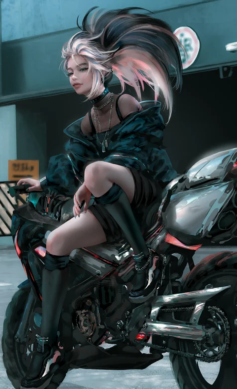 重机车、黑夹克、街道上非常帅气的动漫女车手插画壁纸