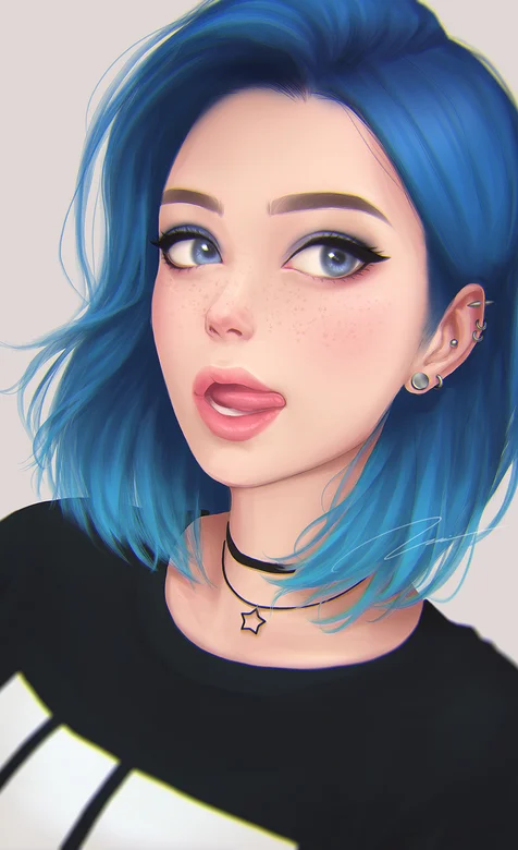 青色发色短发女生手绘插画头像壁纸