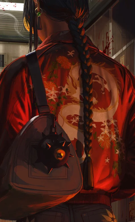 穿龙纹夹克、梳着大辫子的动漫少女背影插画