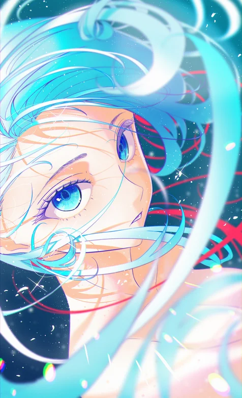 青蓝主题大眼萌妹子长发飘逸超清手机壁纸