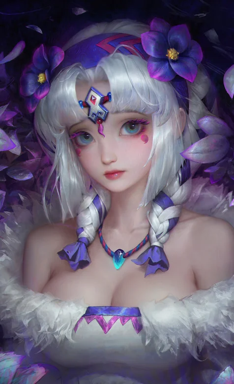 紫色花丛包围的动漫少女手绘插画壁纸