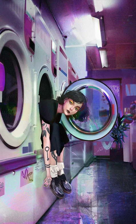 洗衣店坐进滚筒洗衣机内的短发动漫少女手机壁纸