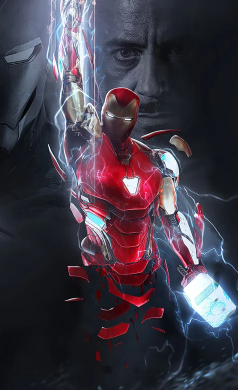 手拿雷神锤、戴无限手套的钢铁侠打响指的手机壁纸