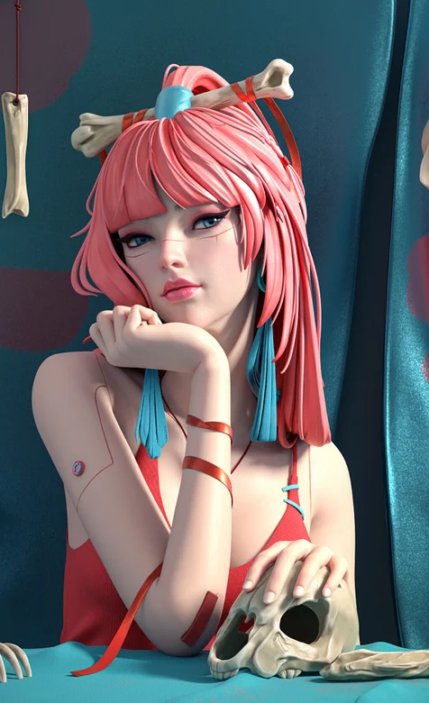 红发狐眼、头戴骨头发饰手扶着动物头骨的3D女生模型手机壁纸