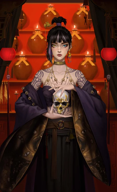 施法的动漫女道士插画、手拿骷髅头的动漫女生手机壁纸