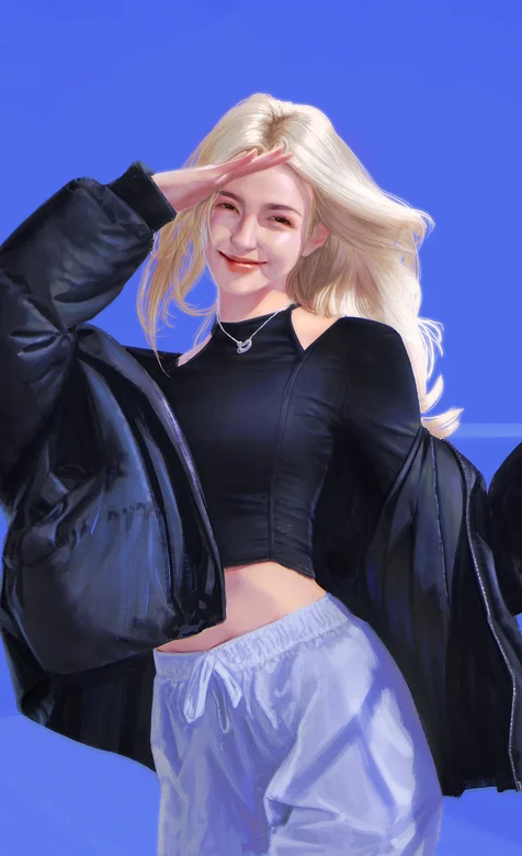 穿夹克阳光开朗的金发美少女油画风格插画手机壁纸