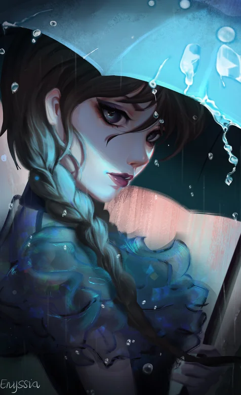 拿着雨伞的大辫子动漫大眼美女手机壁纸