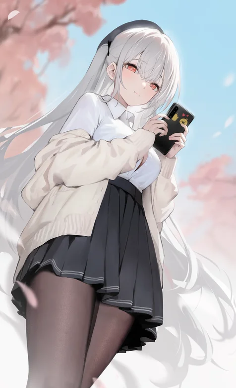 长白发、百褶裙、樱花树下玩手机的动漫妹子