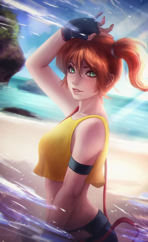 短T恤橙发动漫女孩、夏日海滩插画手机壁纸