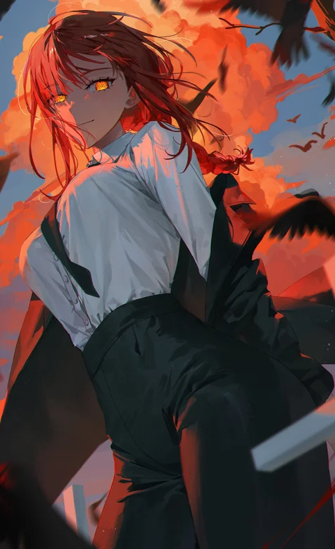 橙发西服、火焰瞳孔的动漫长发女孩