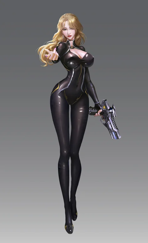 手持手枪、身材丰满穿紧身皮质连体战斗衣的动漫美女手机壁纸