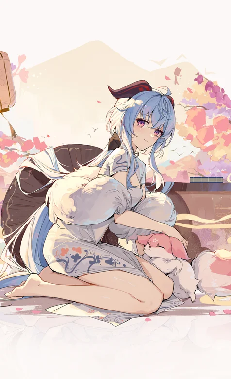 和风动漫插画、跪着和抚摸宠物的动漫少女