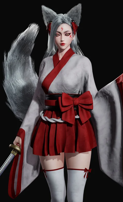 日系动漫手绘、手拿武士刀的妖艳女狐妖3D渲染图手机壁纸