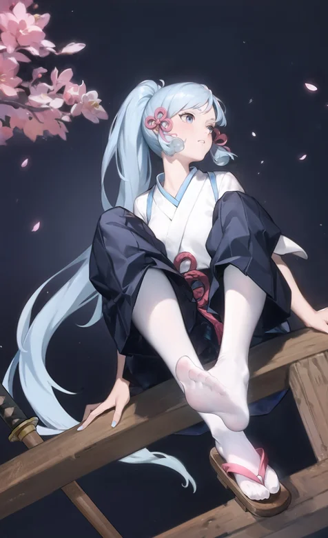 坐在栏杆的日系动漫少女武士仰拍手机壁纸