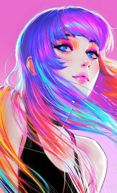 潮流时尚的炫彩发色动漫美女头像手机壁纸