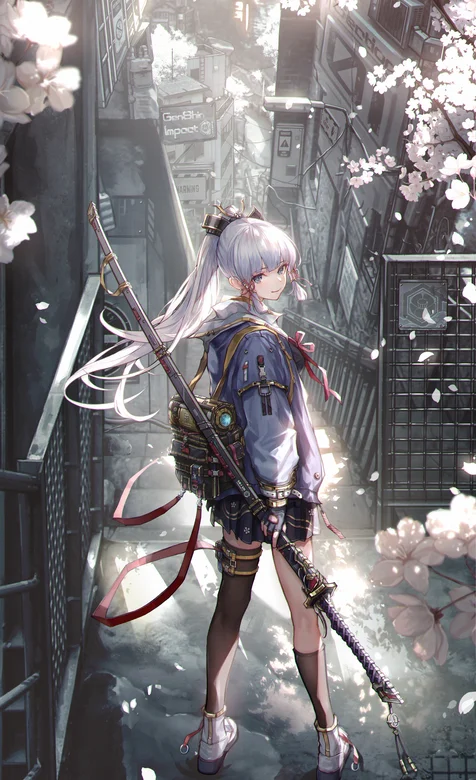 樱花日漫风、屋顶站着的长发动漫女武士手拿武士刀化身城市战士