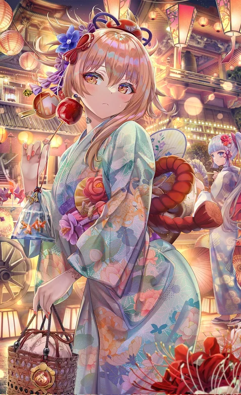 挂满灯笼的街道下的穿和服的动漫少女