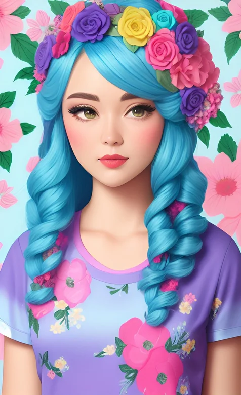 青蓝头发的可爱动漫少女、头戴花环的动漫妹子手机壁纸