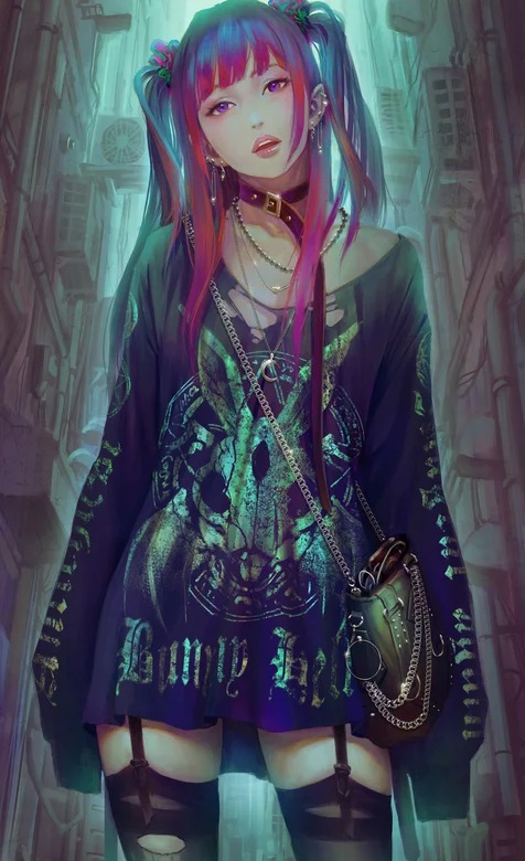 双马尾朋克风动漫人物初音未来插画手机壁纸