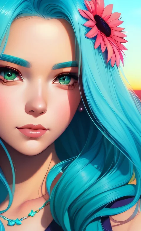 动漫人物头像系列壁纸、青蓝色头发头戴红花的动漫妹子