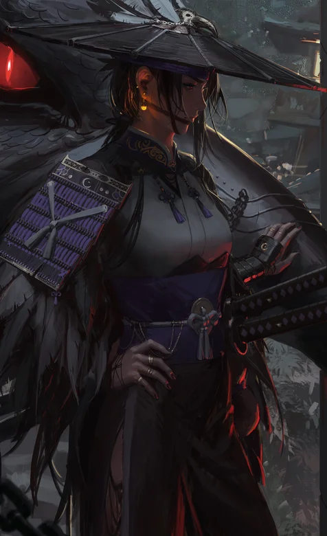 日漫古代的日本女武士壁纸、戴斗笠身穿古代铠甲腰别两把武士刀