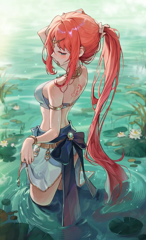 站在荷塘中的动漫长发少女美背手机壁纸