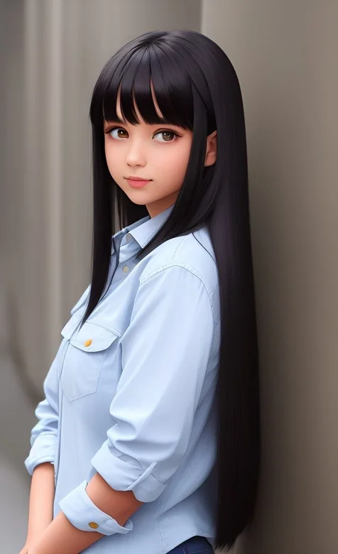 黑黑的长发、齐刘海的呆萌动漫少女高清手机壁纸