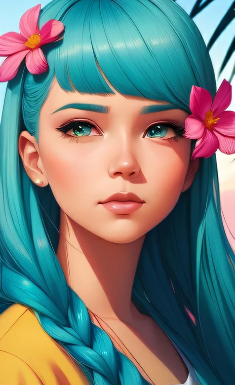 青色的头发、头待花朵的大辫子动漫少女近照头像手机壁纸