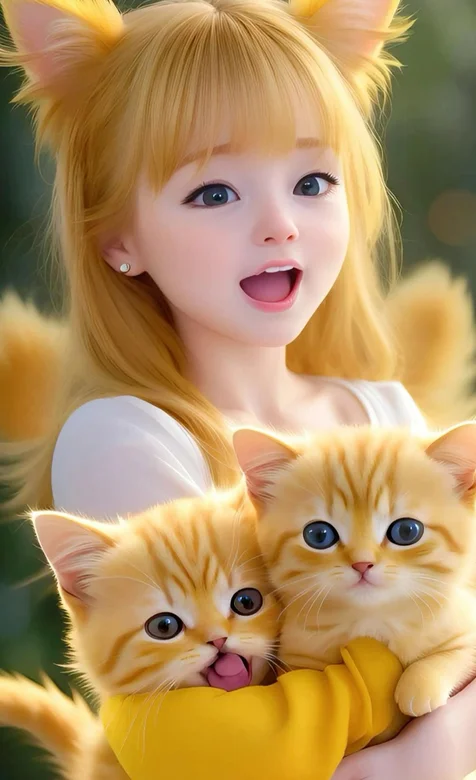 超萌猫女抱着可爱的猫猫动漫插画