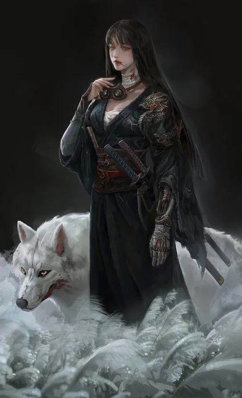 齐刘海长发日漫女武士和他的狐狸宠物手绘插画手机壁纸