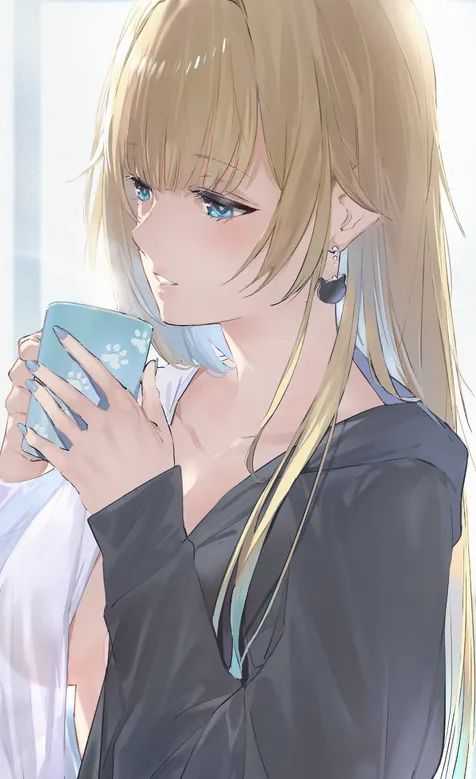 洗完澡换衣中、手拿咖啡杯喝咖啡的动漫少女性感手机壁纸